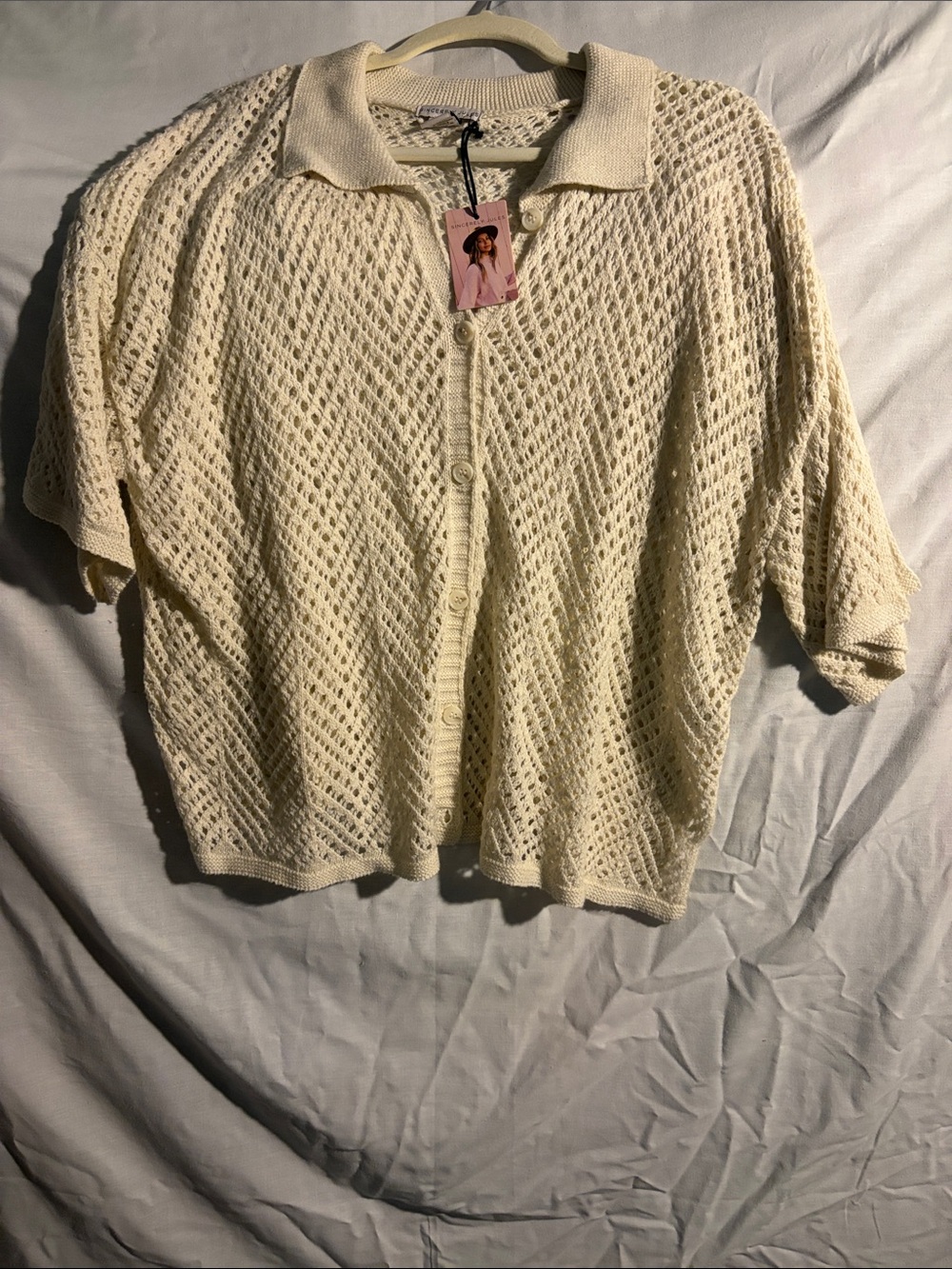 Sincerely Jules Cream Open-Knit Polo Cardigan